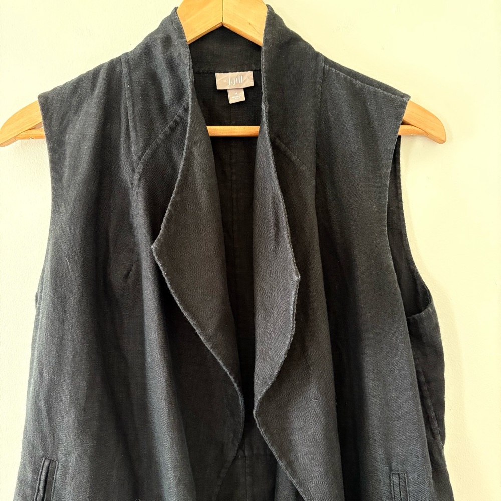 J.Jill 100% Linen sleeveless draped open-front vest black lagenlook pockets M - Picture 3 of 11